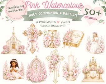 Pink Watercolour Holy Communion Baptism Clipart | Floral Cross, Bible Graphics (Digital Download)