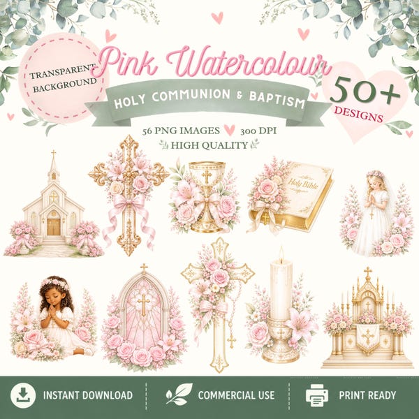 Pink Watercolour Holy Communion Baptism Clipart | Floral Cross, Bible Graphics (Digital Download)
