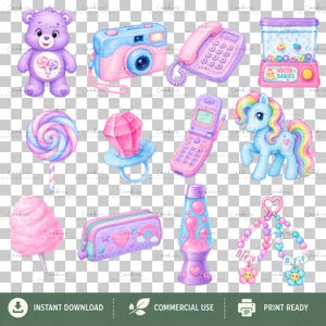 Large pastel 90s girlhood PNG clipart bundle featuring 165 high-resolution transparent illustrations inspired by nostalgic childhood toys, accessories, and collectibles. Includes rainbow slinkies, Care Bear-characters, Tamagotchi-style pets, Polly Pocket-inspired playsets, Furby-inspired toys, roller skates, jelly shoes, friendship bracelets, telephones, Walkman-style music players, boomboxes, cameras, candy, hair accessories, backpacks, notebooks, lava lamps, and colorful pastel fashion items.