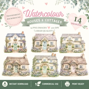 Watercolor Cottage Clipart Bundle | English Countryside Homes, Floral Illustrations (Digital Download)