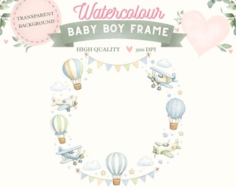 Watercolor Airplane Hot Air Balloon Frame PNG | Baby Shower Invitation (Digital Download)