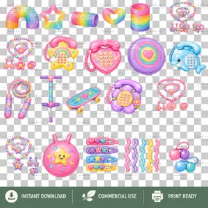 Large pastel 90s girlhood PNG clipart bundle featuring 165 high-resolution transparent illustrations inspired by nostalgic childhood toys, accessories, and collectibles. Includes rainbow slinkies, Care Bear-characters, Tamagotchi-style pets, Polly Pocket-inspired playsets, Furby-inspired toys, roller skates, jelly shoes, friendship bracelets, telephones, Walkman-style music players, boomboxes, cameras, candy, hair accessories, backpacks, notebooks, lava lamps, and colorful pastel fashion items.