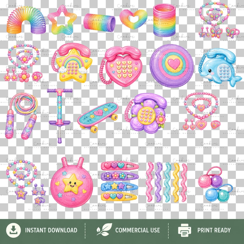 Large pastel 90s girlhood PNG clipart bundle featuring 165 high-resolution transparent illustrations inspired by nostalgic childhood toys, accessories, and collectibles. Includes rainbow slinkies, Care Bear-characters, Tamagotchi-style pets, Polly Pocket-inspired playsets, Furby-inspired toys, roller skates, jelly shoes, friendship bracelets, telephones, Walkman-style music players, boomboxes, cameras, candy, hair accessories, backpacks, notebooks, lava lamps, and colorful pastel fashion items.