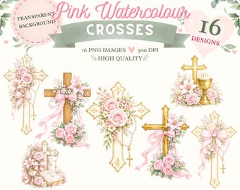 Pink Watercolour Floral Crosses Clipart | Baptism, Communion, Faith PNG (Digital Download)