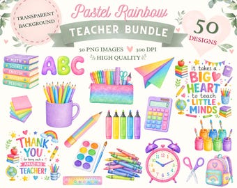Pastel Rainbow Teacher Clipart Bundle, Watercolor Graphics (Digital Download)