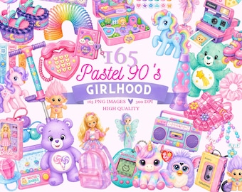 Pastel 90s Girlhood Clipart Bundle | Retro Toys, Care Bears, Tamagotchi (Digital Download)