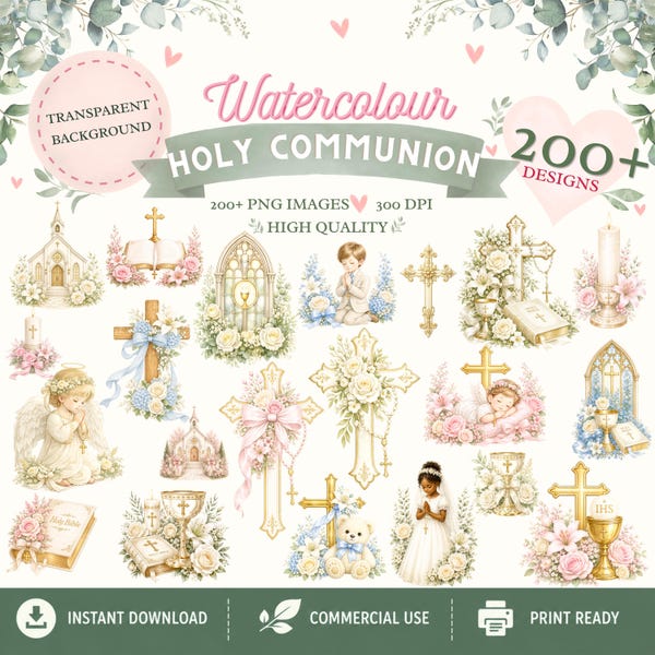 Watercolour Holy Communion Clipart | Religious, Baptism, Christening Graphics (Digital Download)