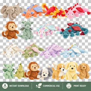 123 watercolor plushie animals PNG bundle with cute stuffed toy dogs, bunnies, bears, foxes, penguins, dinosaurs, dragons, sea animals, and woodland creatures. High-resolution transparent PNG clipart for sublimation, nursery decor, baby gifts, stickers, and crafts.