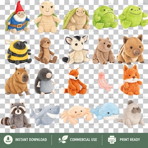 123 watercolor plushie animals PNG bundle with cute stuffed toy dogs, bunnies, bears, foxes, penguins, dinosaurs, dragons, sea animals, and woodland creatures. High-resolution transparent PNG clipart for sublimation, nursery decor, baby gifts, stickers, and crafts.