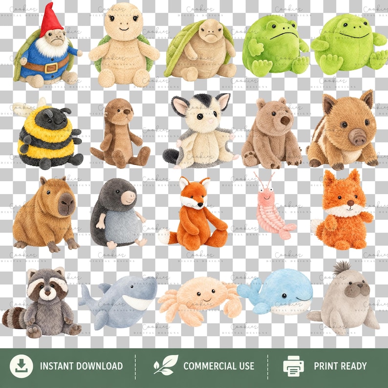 123 watercolor plushie animals PNG bundle with cute stuffed toy dogs, bunnies, bears, foxes, penguins, dinosaurs, dragons, sea animals, and woodland creatures. High-resolution transparent PNG clipart for sublimation, nursery decor, baby gifts, stickers, and crafts.