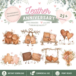 Puede incluir: Una colección digital de más de 25 ilustraciones en acuarela que presentan objetos de cuero antropomórficos, incluyendo vacas, etiquetas de equipaje, libros, corazones, piezas de rompecabezas, carteras y un ramo de flores sobre fondo blanco.