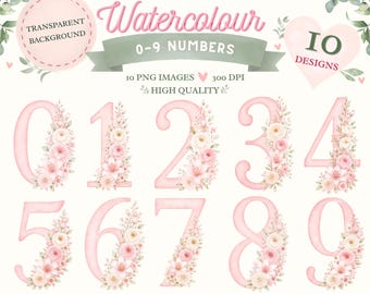 Pink Watercolour Floral Numbers Clipart | Baby Girl Birthday Graphics (Digital Download)