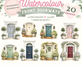 Watercolor Front Door Clipart Bundle | Cottagecore Floral Entryway Illustrations (Digital Download)