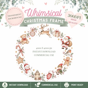 Pode incluir: Uma moldura de Natal circular com ilustrações em aguarela de um urso de peluche, rena, Pai Natal, boneco de neve, boneco de gengibre, elfo, bengala doce, presente, lanterna, luva e pisco. Texto: Whimsical Christmas Frame, 300DPI, 4000 X 4000 px.