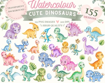 Watercolour Dinosaur Clipart Bundle | 155 Baby Dino PNG Images (Digital Download)