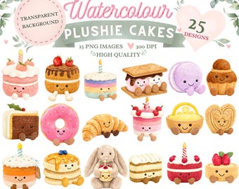 Watercolor Plushie Cakes Clipart | Kawaii Bunny, Birthday Dessert PNG (Digital Download)