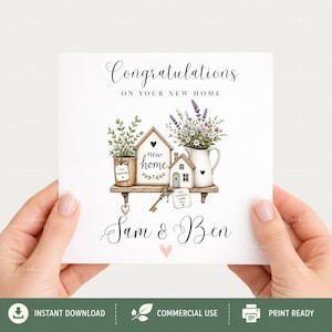 Whimsical watercolor new home clipart bundle featuring cozy cottage houses, floral front doors, vintage keys, rustic shelves, welcome home signs, and soft pastel greenery in sage green and blush pink tones. Includes 35 high-quality transparent PNG designs for sublimation, scrapbooking, stickers, invitations, and DIY home decor projects