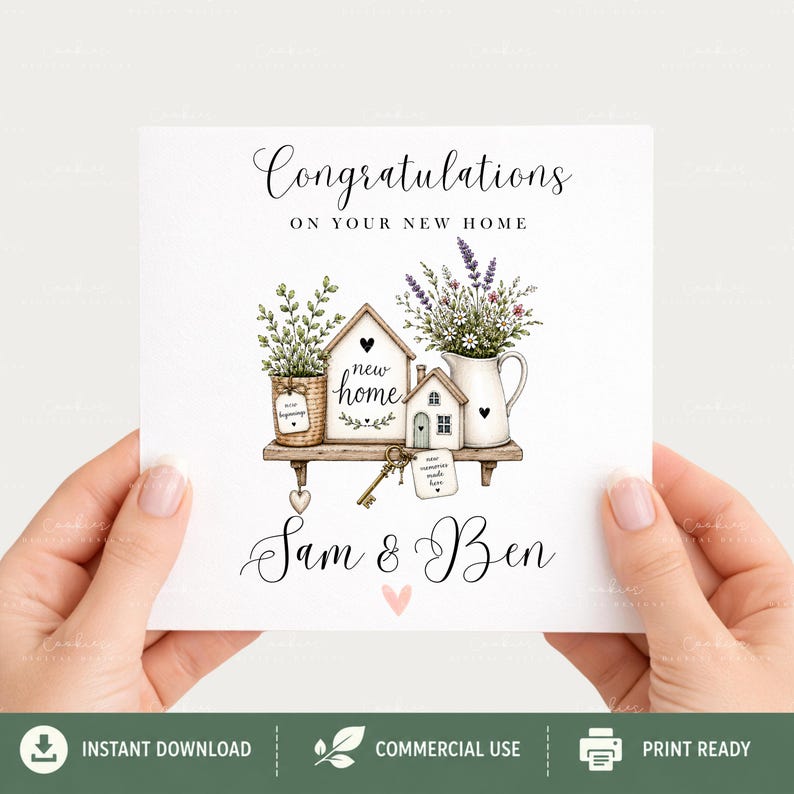 Whimsical watercolor new home clipart bundle featuring cozy cottage houses, floral front doors, vintage keys, rustic shelves, welcome home signs, and soft pastel greenery in sage green and blush pink tones. Includes 35 high-quality transparent PNG designs for sublimation, scrapbooking, stickers, invitations, and DIY home decor projects