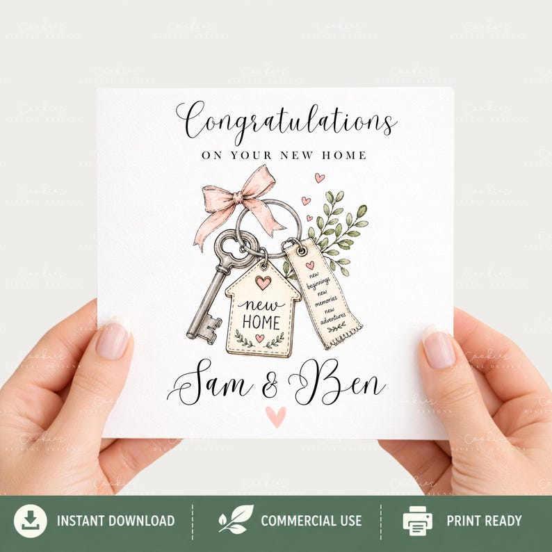 Whimsical watercolor new home clipart bundle featuring cozy cottage houses, floral front doors, vintage keys, rustic shelves, welcome home signs, and soft pastel greenery in sage green and blush pink tones. Includes 35 high-quality transparent PNG designs for sublimation, scrapbooking, stickers, invitations, and DIY home decor projects