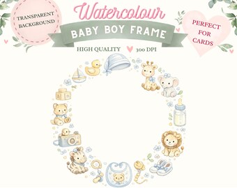 Watercolor Safari Animals Baby Boy Wreath Frame (Digital Download)