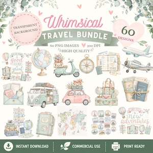 May include: A digital collection of 60 travel-themed illustrations featuring a globe, vintage vehicles, airplanes, suitcases, maps, and travel journals. The bundle includes various pastel-colored graphics with text elements like Whimsical Travel Bundle.