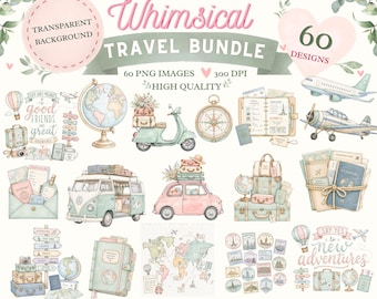 Whimsical Travel Clipart Bundle, Vintage Watercolor Graphics (Digital Download)