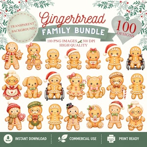 Peut inclure: Une collection numérique de 100 images PNG sur le thème du pain d'épices représentant divers personnages, dont des bonshommes en pain d'épices, un chien et un chat. Les graphismes incluent des accessoires festifs sur fond blanc.