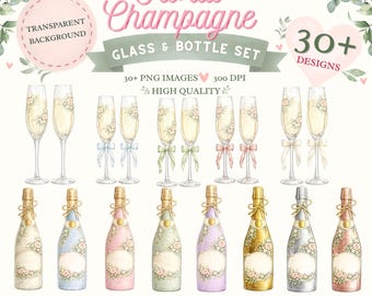 Watercolour Champagne Bottle & Glass PNG Bundle | Wedding Clipart Set | Bridal Shower Floral Graphics