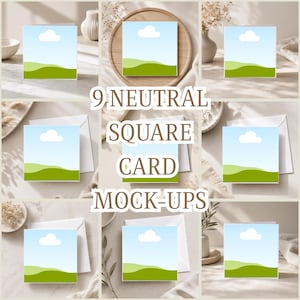 Peut inclure: Neuf maquettes de cartes carrées présentant un ciel bleu clair, un nuage blanc unique et des collines vertes vallonnées. Chaque carte est présentée avec une enveloppe blanche dans divers décors, avec le texte 9 NEUTRAL SQUARE CARD MOCK-UPS.