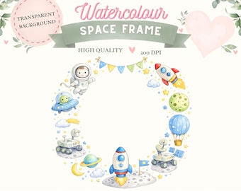 Watercolor Space Frame PNG | Astronaut, Rocket, Planets Clipart (Digital Download)