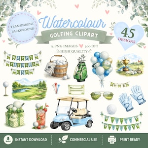 45 Watercolour Golf Clipart Bundle, Birthday Graphics, Course Elements (Digital Download)