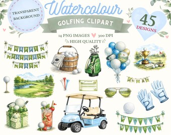 45 Aquarell Golf Clipart Bundle, Geburtstagsgrafiken, Platzelemente (digitaler Download)