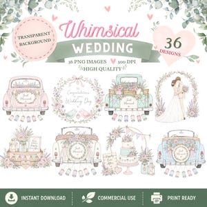 Skurrile Hochzeit Clipart Bundle | Pastell Aquarell Blumen Auto (Digitaler Download)