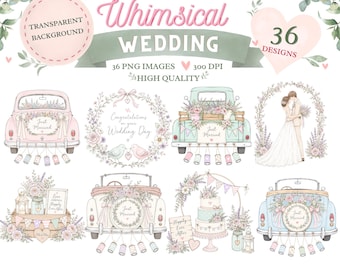Whimsical Wedding Clipart Bundle | Pastel Watercolor Floral, Just Married Car (Digital Download)