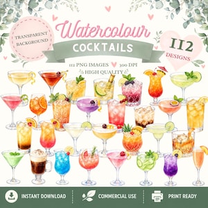 Pode incluir: Uma coleção digital de 112 ilustrações em aquarela de coquetéis apresentando várias bebidas em copos diversos, incluindo taças de martini, canecas tiki e copos altos, decorados com guarnições de frutas como limão, laranja e cerejas.