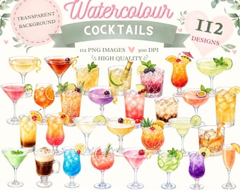 112 Watercolor Cocktail Clipart Bundle | Tropical Drinks, Martinis, Mocktails (Digital Download)