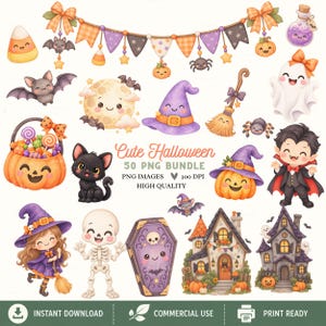 Può includere: Una collezione digitale di illustrazioni a tema Halloween che include un cestino a forma di zucca, un gatto nero, un fantasma, un vampiro, uno scheletro, una strega, una bara, case infestate, pipistrelli, una scopa, una luna e uno striscione con il testo Cute Halloween 50 PNG BUNDLE.