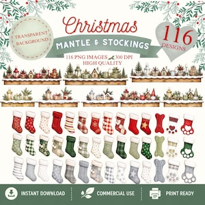 Peut inclure: Une collection numérique de 116 images PNG sur le thème de Noël présentant diverses décorations de cheminée avec de la neige, des lanternes et des cadeaux, ainsi qu'un large assortiment de chaussettes à motifs rouges, verts, blancs et gris.