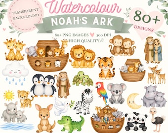 Noah's Ark Watercolor Clipart | Animals, Bible Characters, Nursery Decor (Instant Download)