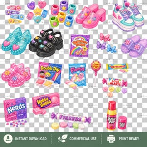 Large pastel 90s girlhood PNG clipart bundle featuring 165 high-resolution transparent illustrations inspired by nostalgic childhood toys, accessories, and collectibles. Includes rainbow slinkies, Care Bear-characters, Tamagotchi-style pets, Polly Pocket-inspired playsets, Furby-inspired toys, roller skates, jelly shoes, friendship bracelets, telephones, Walkman-style music players, boomboxes, cameras, candy, hair accessories, backpacks, notebooks, lava lamps, and colorful pastel fashion items.