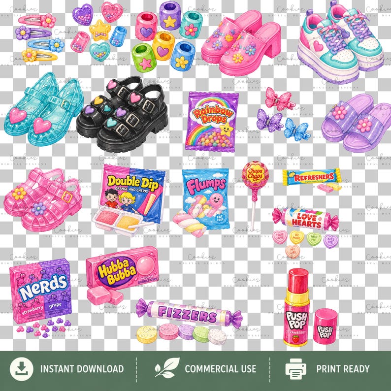 Large pastel 90s girlhood PNG clipart bundle featuring 165 high-resolution transparent illustrations inspired by nostalgic childhood toys, accessories, and collectibles. Includes rainbow slinkies, Care Bear-characters, Tamagotchi-style pets, Polly Pocket-inspired playsets, Furby-inspired toys, roller skates, jelly shoes, friendship bracelets, telephones, Walkman-style music players, boomboxes, cameras, candy, hair accessories, backpacks, notebooks, lava lamps, and colorful pastel fashion items.