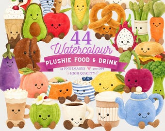 44 Watercolour Plushie Food Clipart, Kawaii Food PNG Bundle (Digital Download)