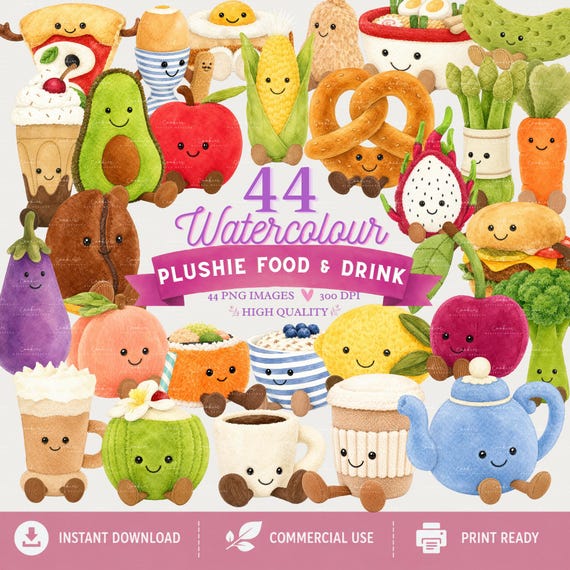 44 Watercolour Plushie Food Clipart, Kawaii Food PNG Bundle (Digital Download)