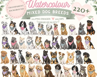 Watercolour Mixed Dog Breeds Bandana Clipart Bundle – 223 PNG Images – Commercial Use – Transparent Background
