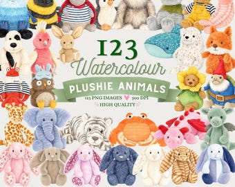 123 Watercolour Plushie Animals PNG Clipart | Nursery Sublimation Graphics (Digital Download)