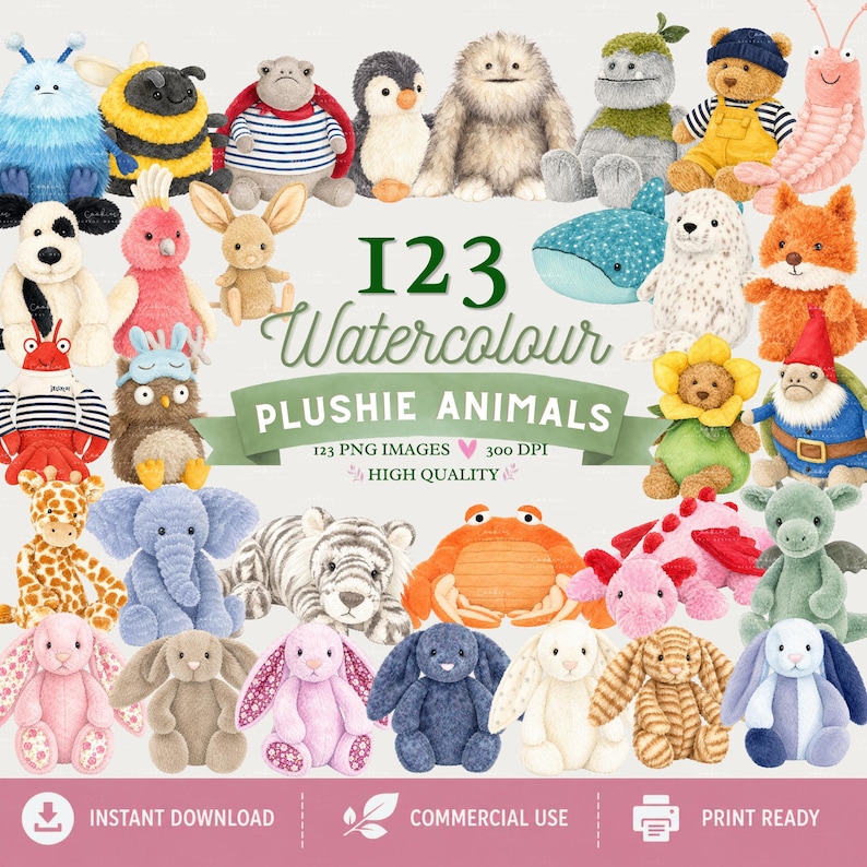 123 watercolor plushie animals PNG bundle with cute stuffed toy dogs, bunnies, bears, foxes, penguins, dinosaurs, dragons, sea animals, and woodland creatures. High-resolution transparent PNG clipart for sublimation, nursery decor, baby gifts, stickers, and crafts.