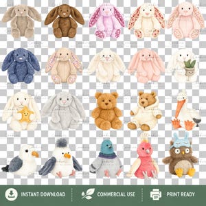 123 watercolor plushie animals PNG bundle with cute stuffed toy dogs, bunnies, bears, foxes, penguins, dinosaurs, dragons, sea animals, and woodland creatures. High-resolution transparent PNG clipart for sublimation, nursery decor, baby gifts, stickers, and crafts.