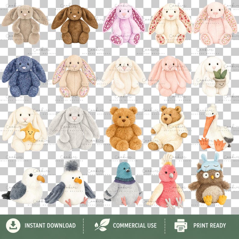 123 watercolor plushie animals PNG bundle with cute stuffed toy dogs, bunnies, bears, foxes, penguins, dinosaurs, dragons, sea animals, and woodland creatures. High-resolution transparent PNG clipart for sublimation, nursery decor, baby gifts, stickers, and crafts.