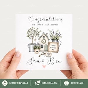 Whimsical watercolor new home clipart bundle featuring cozy cottage houses, floral front doors, vintage keys, rustic shelves, welcome home signs, and soft pastel greenery in sage green and blush pink tones. Includes 35 high-quality transparent PNG designs for sublimation, scrapbooking, stickers, invitations, and DIY home decor projects