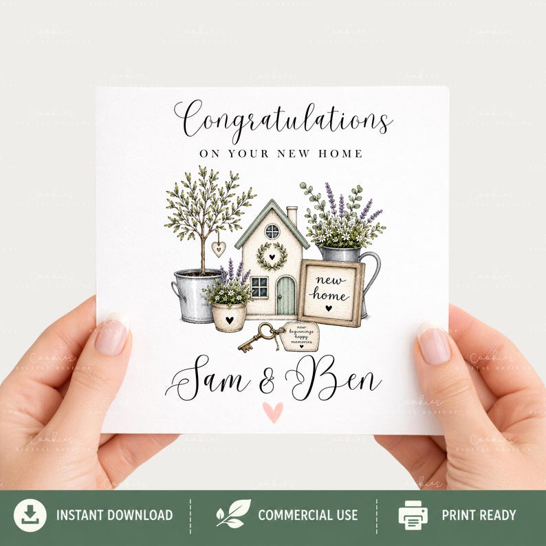 Whimsical watercolor new home clipart bundle featuring cozy cottage houses, floral front doors, vintage keys, rustic shelves, welcome home signs, and soft pastel greenery in sage green and blush pink tones. Includes 35 high-quality transparent PNG designs for sublimation, scrapbooking, stickers, invitations, and DIY home decor projects